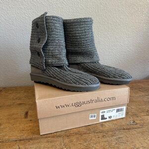 NWB UGG Australia Classic Cardy Boots Gray Foldover MidCalf Ankle Knit Fur Sz 10